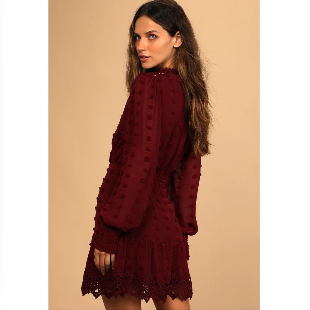 Lulus Lust or Love Wine Red Embroidered Lace Long Dress Size Large NWTS - Picture 2 of 6